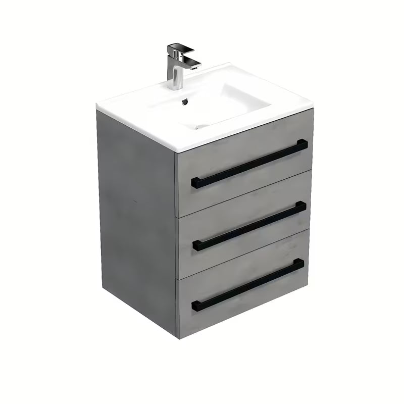 Wisząca szafka łazienkowa SAT Cube Way z umywalką ceramiczną w dekorze imitacja betonu i czarnymi uchwytami.