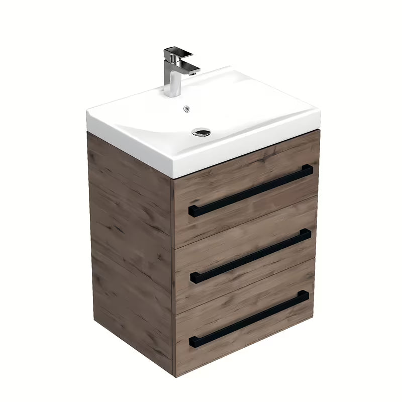 Wisząca szafka łazienkowa SAT Cube Way z umywalką ceramiczną w dekorze dębu wellington i czarnymi uchwytami.