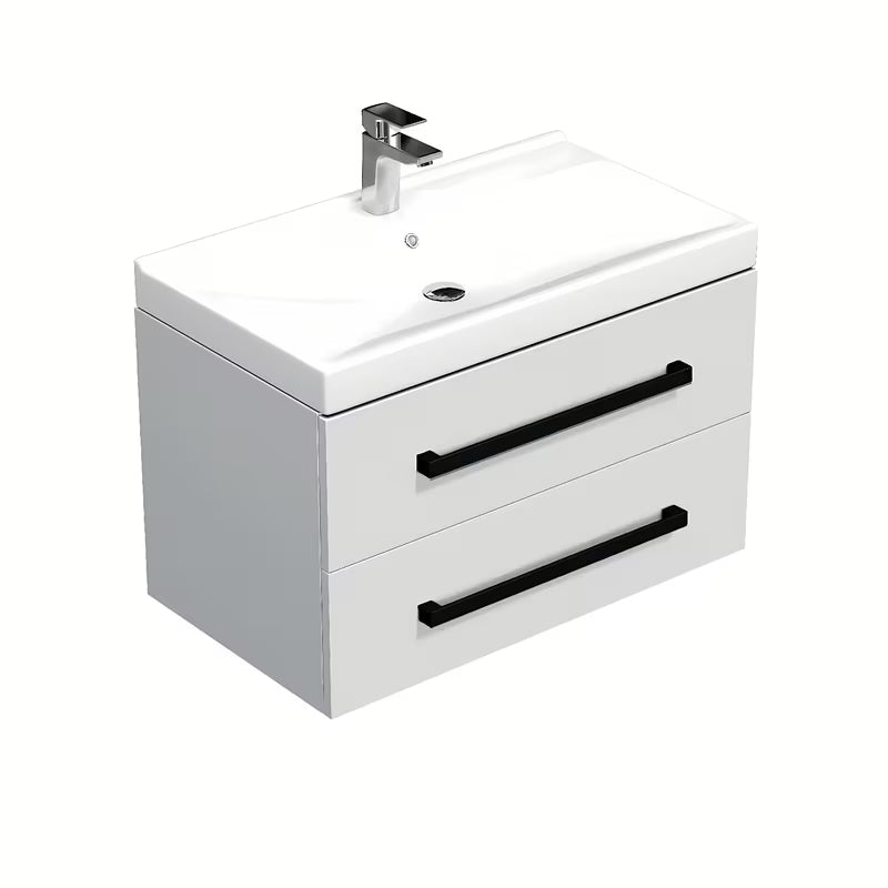 Wisząca szafka łazienkowa SAT Cube Way z umywalką ceramiczną w białym połysku i czarnymi uchwytami