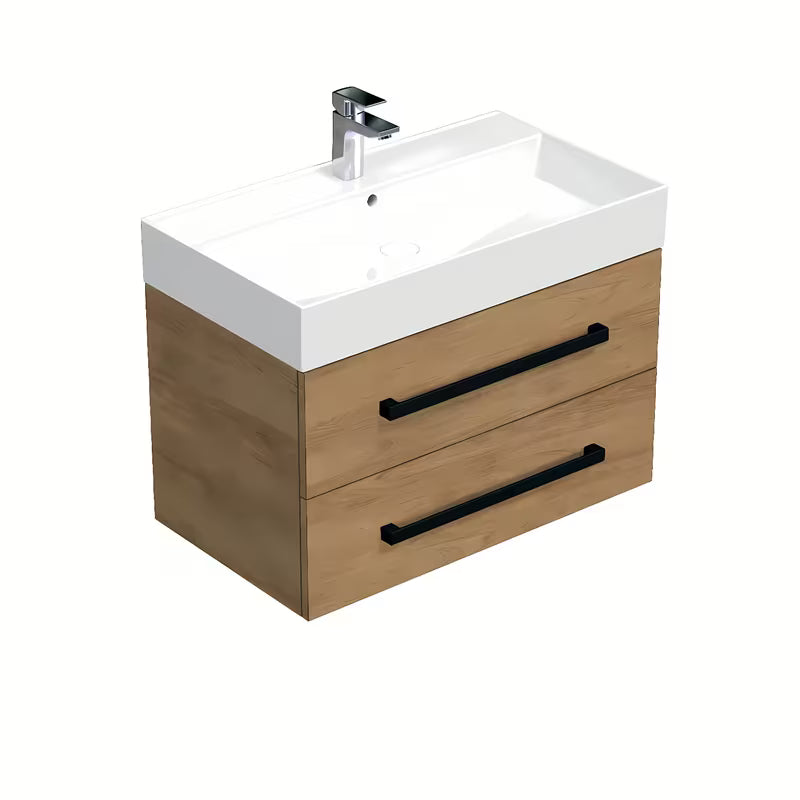 Wisząca szafka łazienkowa z umywalką ceramiczną SAT Cube Way w dekorze dębu hickory z czarnymi uchwytami