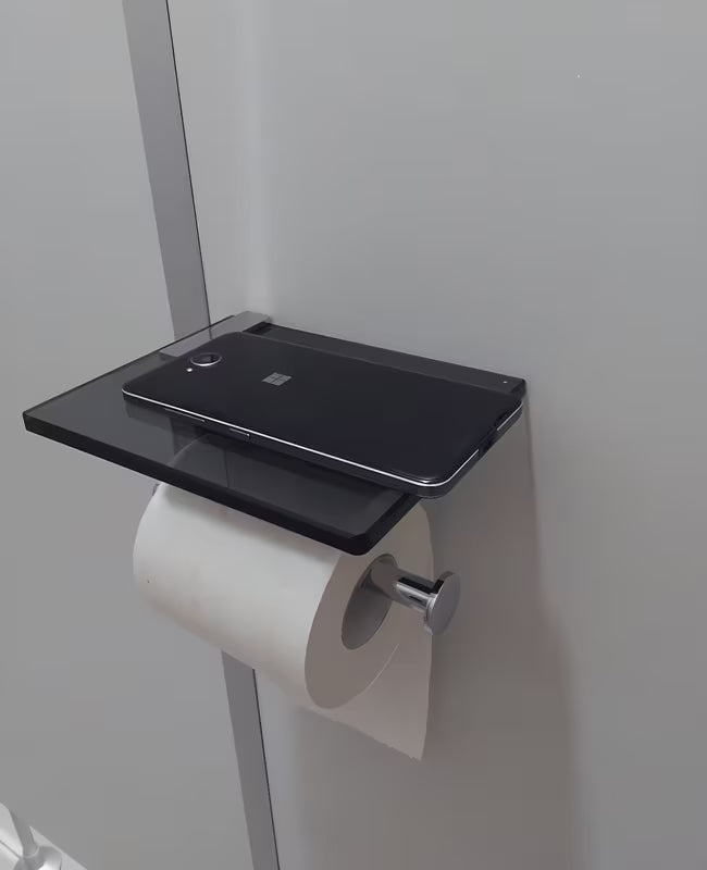 Czarny uchwyt na papier toaletowy SAT Cube Way z półką z hartowanego szkła bezpiecznego.