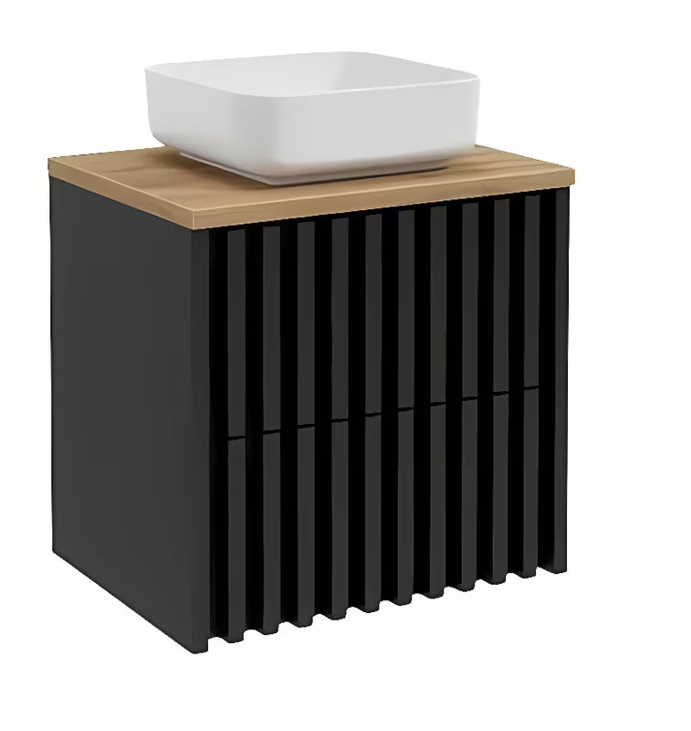 Wisząca szafka łazienkowa SAT Delano w kolorze czarny mat z dębowym blatem i frontem lamelowym.