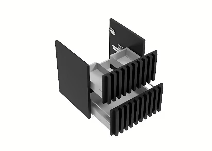 Wisząca szafka łazienkowa SAT Delano w kolorze czarny mat z dębowym blatem i frontem lamelowym.