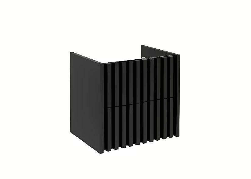 Wisząca szafka łazienkowa SAT Delano w kolorze czarny mat z dębowym blatem i frontem lamelowym.