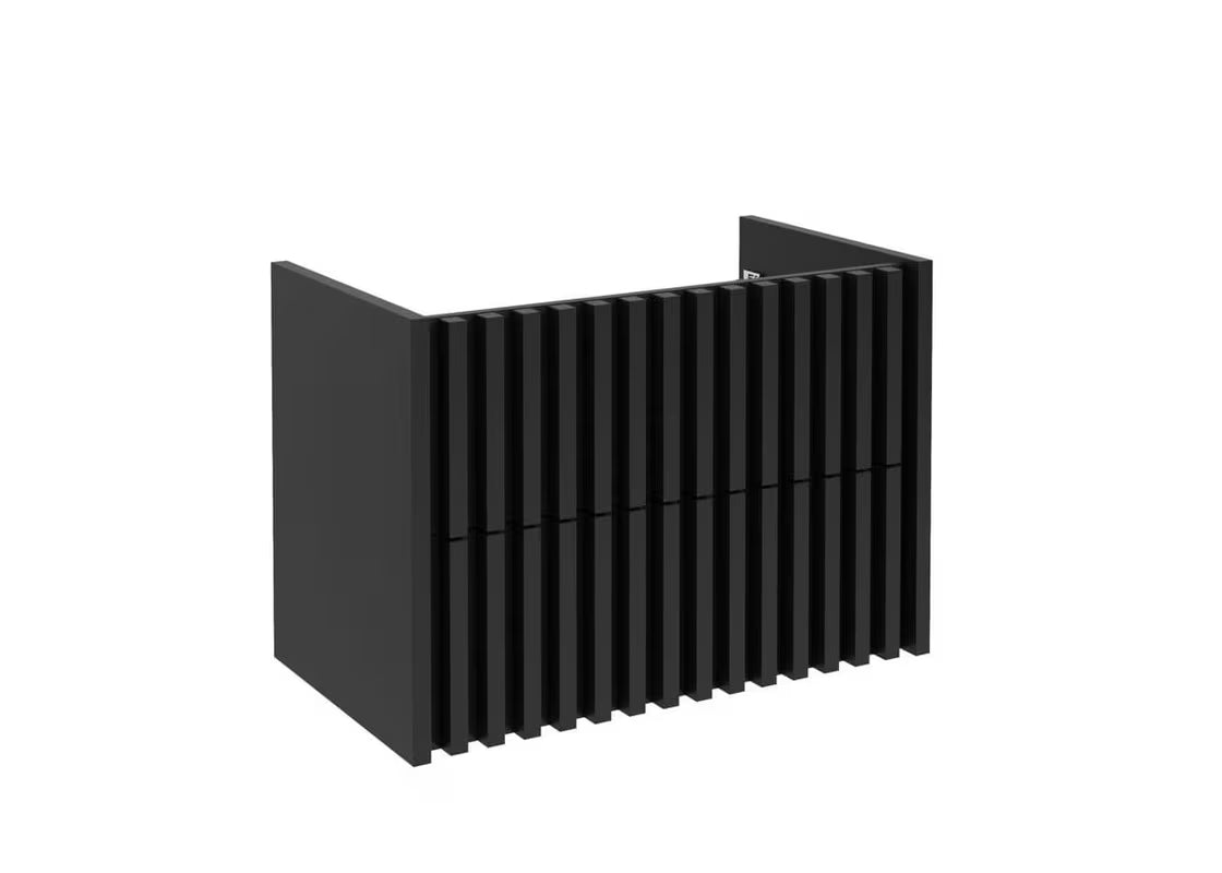 Wisząca szafka łazienkowa SAT Delano w kolorze czarny mat z dębowym blatem i pionowymi lamelami.