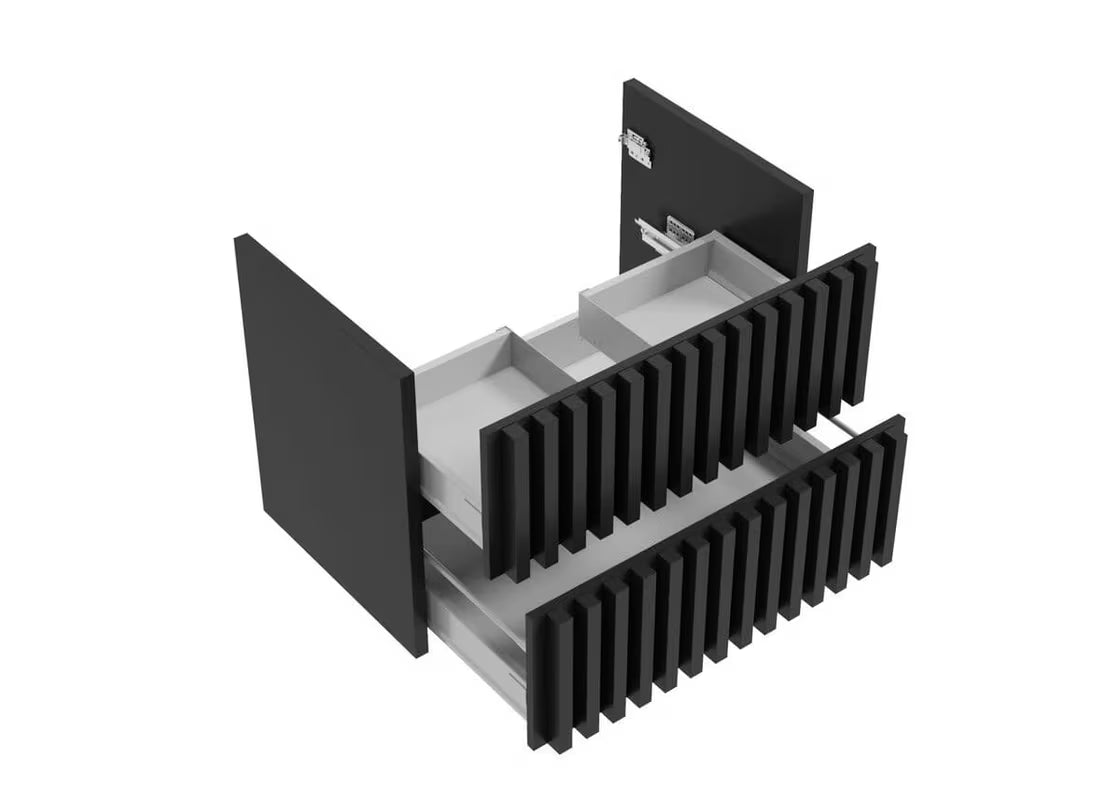 Wisząca szafka łazienkowa SAT Delano w kolorze czarny mat z dębowym blatem i pionowymi lamelami.