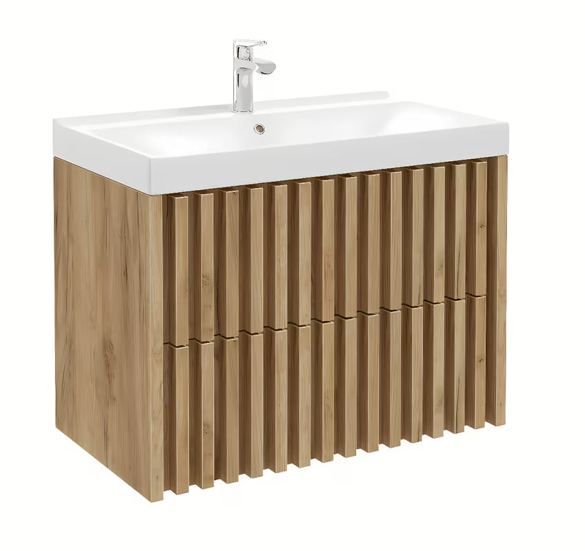 Wisząca szafka łazienkowa z umywalką ceramiczną SAT Delano w dekorze dąb mat 80x46 cm