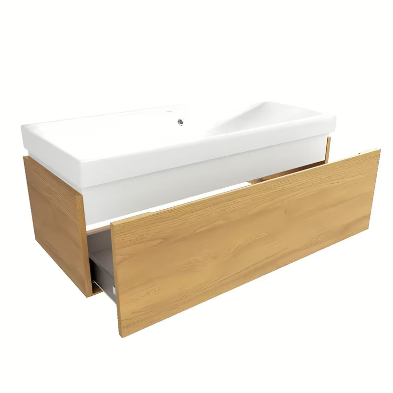 Wisząca szafka łazienkowa SAT Feel z umywalką ceramiczną w dekorze miodowy dąb z matowym wykończeniem.