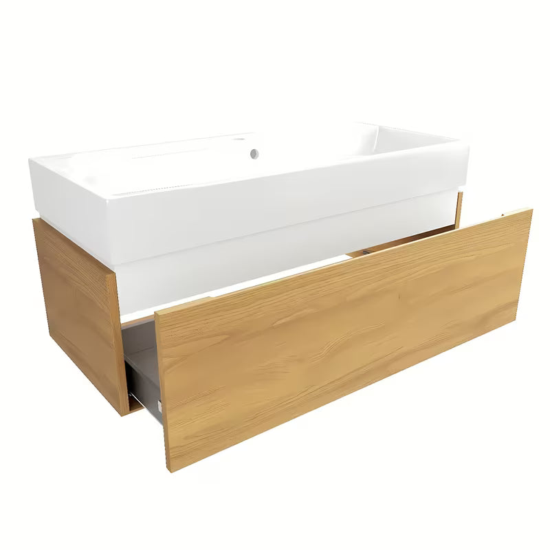 Wisząca szafka łazienkowa SAT Feel z umywalką ceramiczną w dekorze miodowy dąb