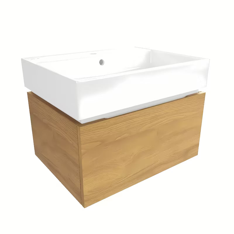 Wisząca szafka łazienkowa SAT Feel z ceramiczną umywalką w dekorze miodowego dębu