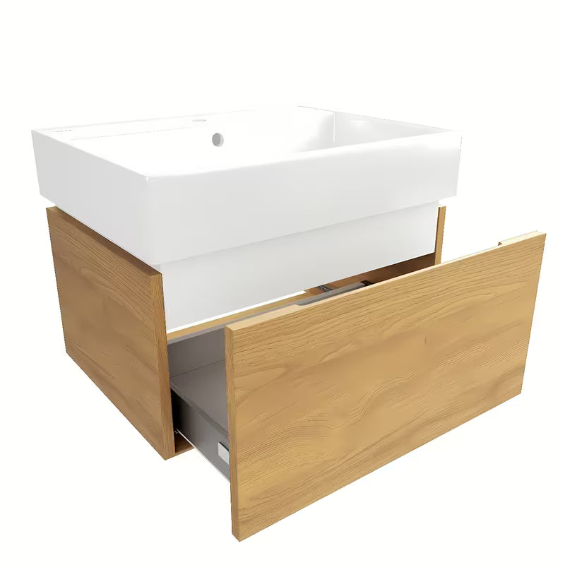 Wisząca szafka łazienkowa SAT Feel z ceramiczną umywalką w dekorze miodowego dębu