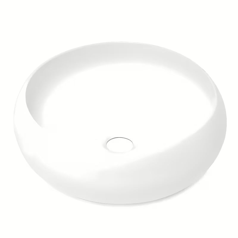 Okrągła ceramiczna umywalka nablatowa SAT Feel w kolorze biały mat o średnicy 36 cm.