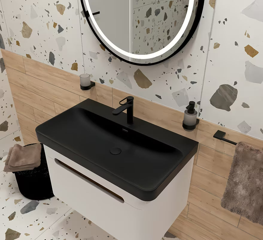 Ceramiczna umywalka meblowa SAT Fusion w kolorze czarny mat z otworem pro baterię pośrodku