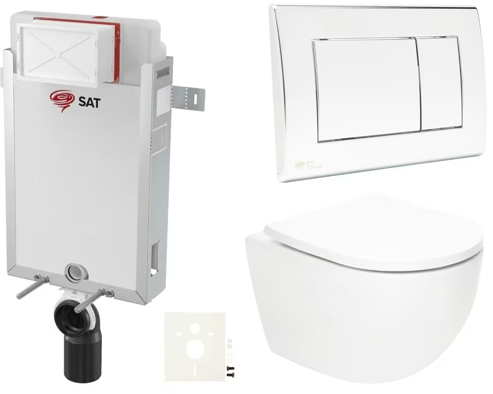 Zestaw WC podtynkowy SAT Fusion ze stelażem podtynkowym, MISKA wc zbiornikiem, przyciskiem spłukującym chrom połysk i deską duroplastową.