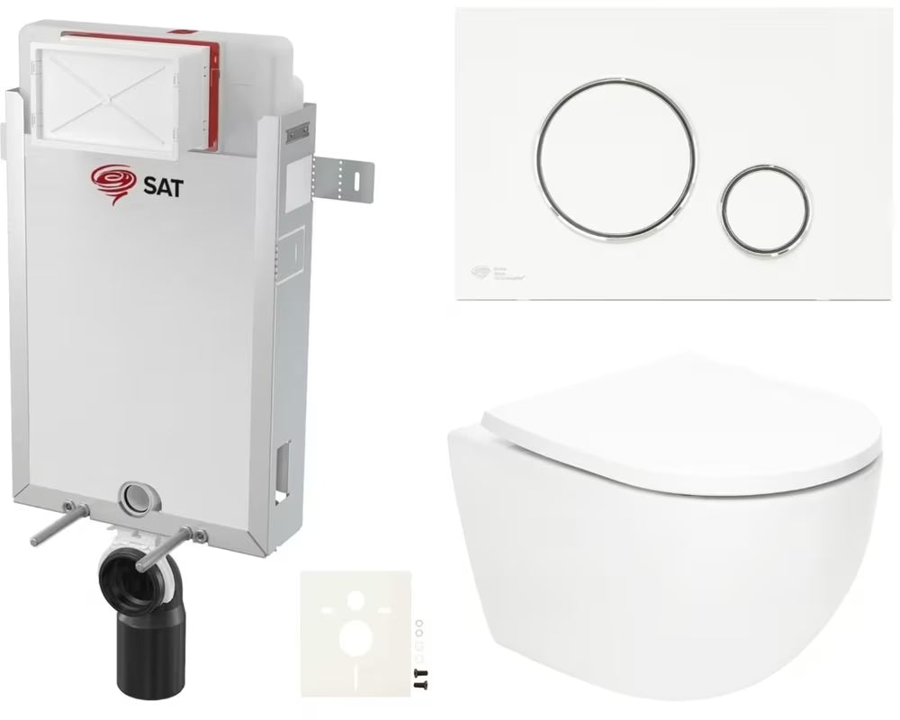 Zestaw WC podtynkowy SAT Fusion z systemem spłukiwania wirowego, stelażem podtynkowym, zbiornikiem, przyciskiem spłukującym i deską sedesową