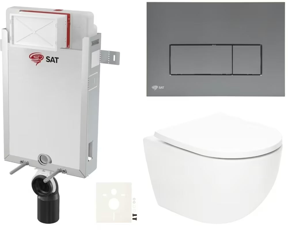 Zestaw WC podtynkowy SAT Fusion ze spłukiwaniem wirowym i przyciskiem spłukującym w kolorze gun metal mat