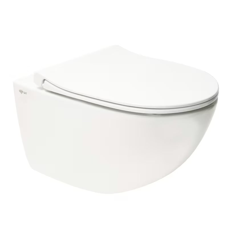 Białe miska WC wisząca SAT Infinitio z bezkołnierzowym spłukiwaniem Rim-Ex i deską ze soft Close.
