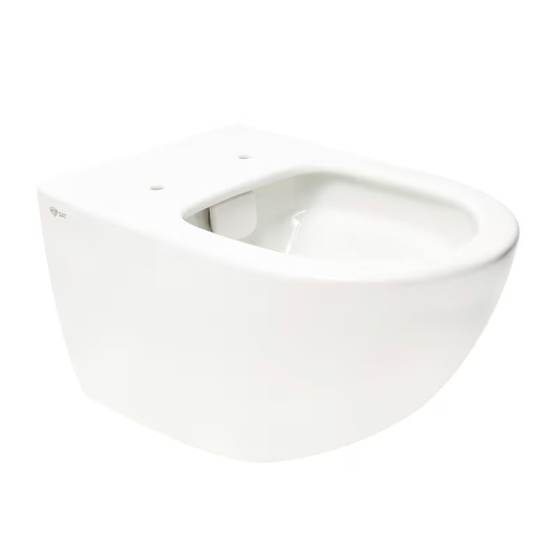Białe miska WC wisząca SAT Infinitio z bezkołnierzowym spłukiwaniem Rim-Ex i deską ze soft Close.