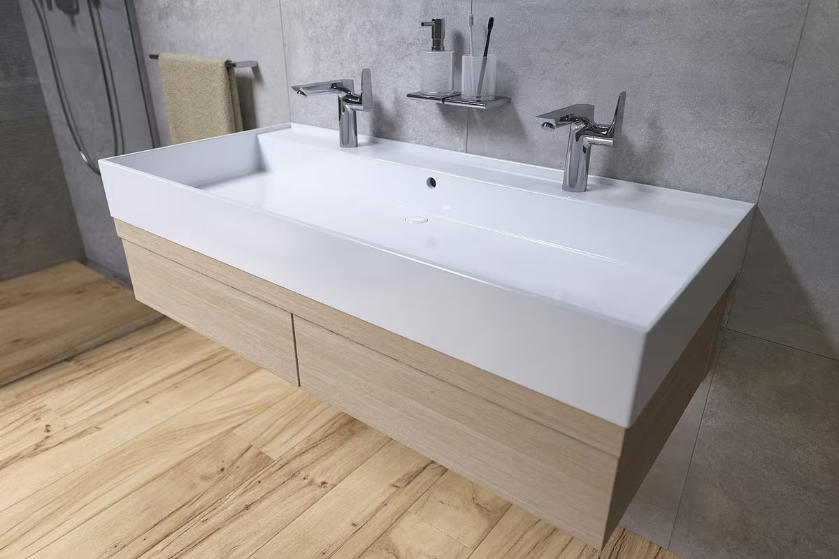 Biała ceramiczna umywalka SAT Infinitio 121,4x46,9 cm z przelewem