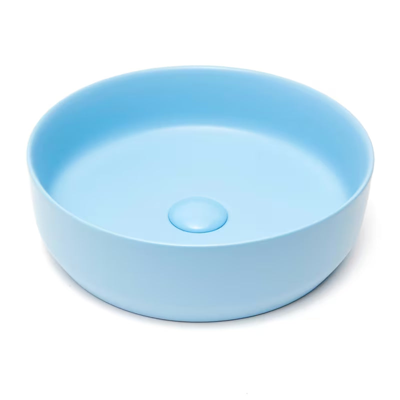 Matowa niebieska ceramiczna umywalka nablatowa SAT Infinitio 39x39 cm bez przelewu