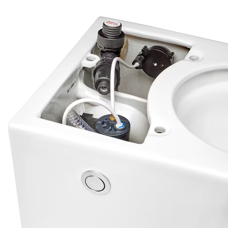 Miska WC Stojąca SAT optimflush w kolorze białym ze zintegrowanym zbiornikiem i bocznym pneumatycznym przyciskiem spłukującym.