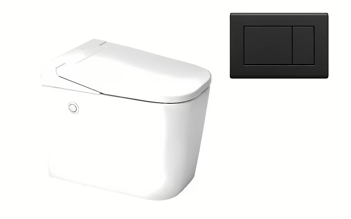 Miska WC Stojąca SAT optimflush w kolorze białym ze zbiornikiem i naściennym przyciskiem spłukującym.