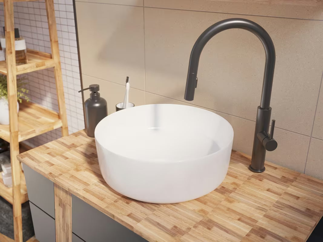 Okrągłe ceramiczne umywalka nablatowa SAT Project w kolorze białym, średnica 36 cm