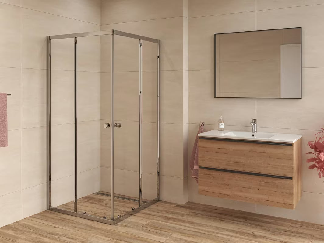 Kwadratowa kabina prysznicowa SAT Project 90x90 cm z drzwiami przesuwnymi i szkłem transparentnym, w chromie połysk