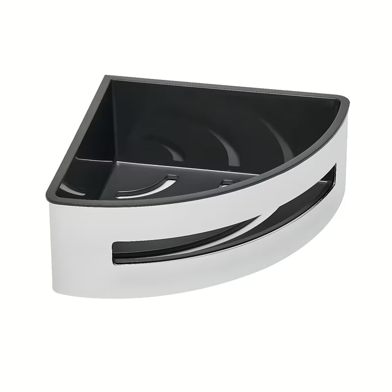 Narożna prysznicowa półka SAT Chrome ze stali nierdzewnej w wykończeniu chrom z czarną wkładką z tworzywa sztucznego.