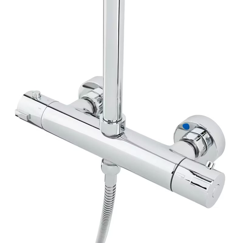 System prysznicowy SAT Chrome z baterią termostatyczną, z deszczownicą 25 cm i słuchawką prysznicową z trzema strumieniami.
