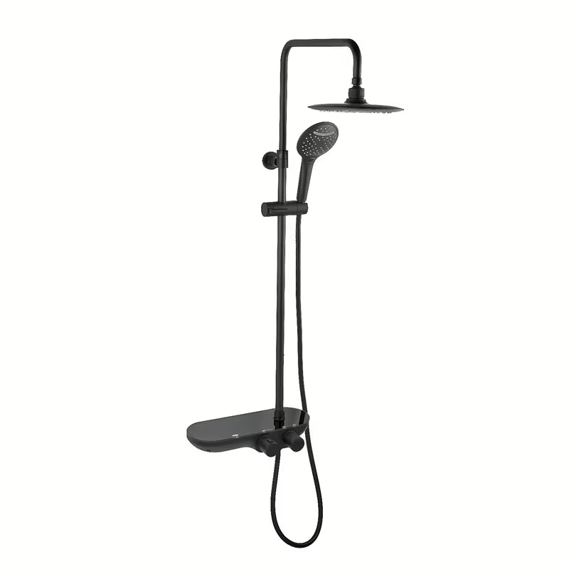 Czarny mat system prysznicowy SAT z baterią termostatyczną, z deszczownicą, słuchawką prysznicową i szklaną półką.