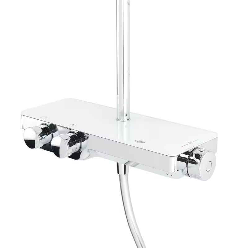 System prysznicowy SAT Chrome z baterią termostatyczną, ze szklaną półką, deszczownicą i słuchawką prysznicową w chromie.