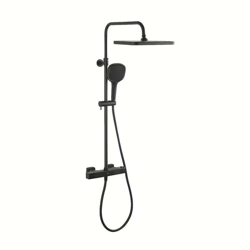 Termostatyczny system prysznicowy SAT w wykończeniu czarny mat z deszczownicą 32×21 cm i rączką prysznicową.