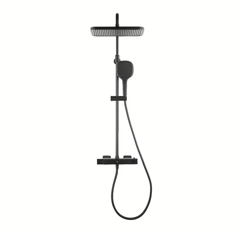 Termostatyczny system prysznicowy SAT w wykończeniu czarny mat z deszczownicą 32×21 cm i rączką prysznicową.