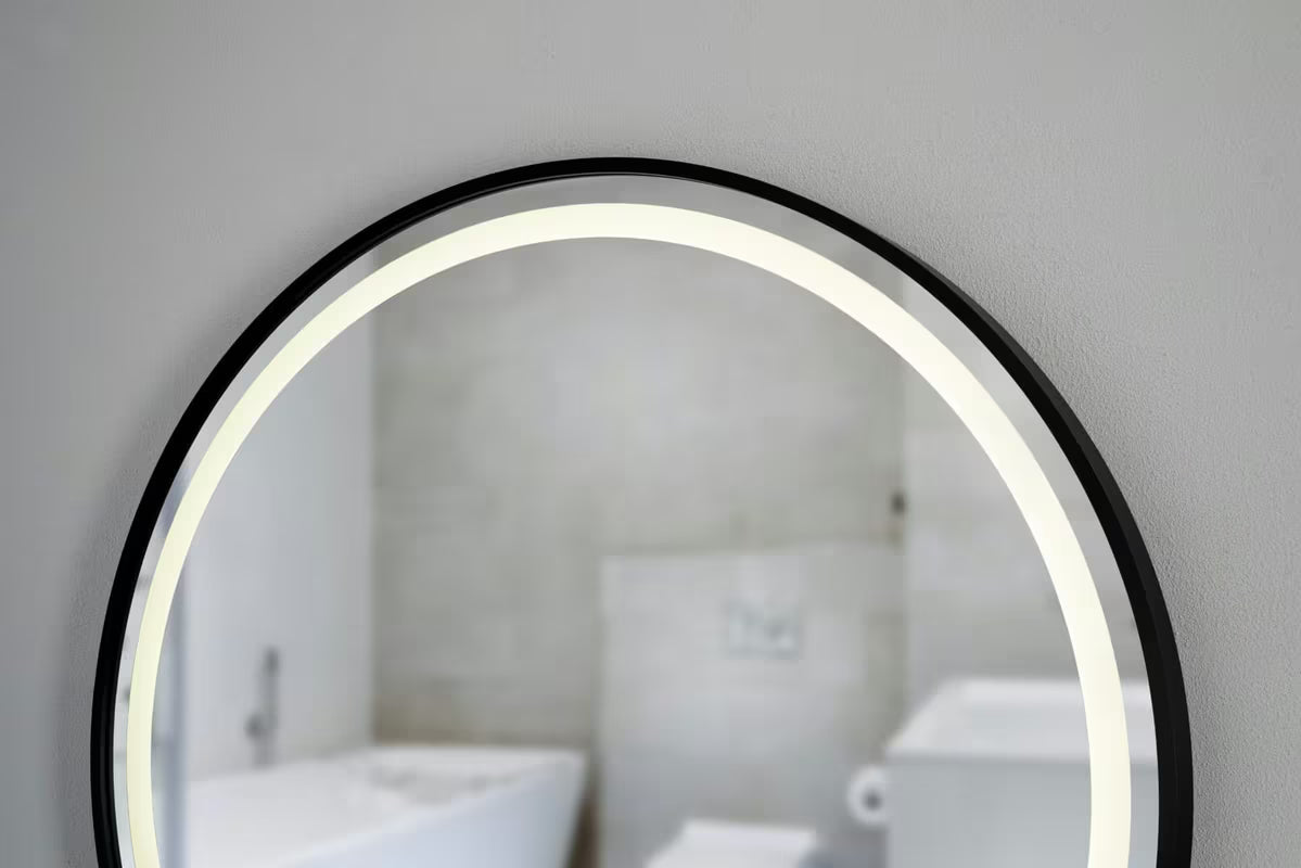Okrągłe lustro łazienkowe lustro SAT z OŚWIETLENIEM led i czujnikiem, średnica 70 cm, czarne wykończenie.