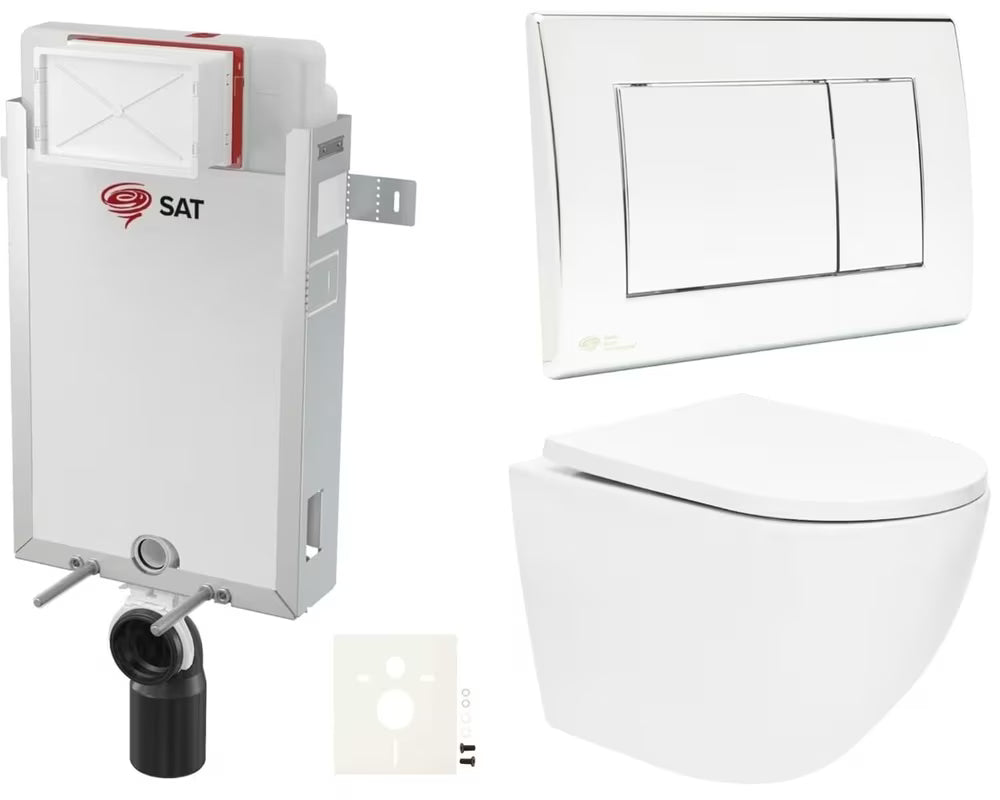 Zestaw WC podtynkowy SAT Fusion z modułem podtynkowym, spłuczką SAT, przyciskiem w kolorze chrom połysk i deską sedesową