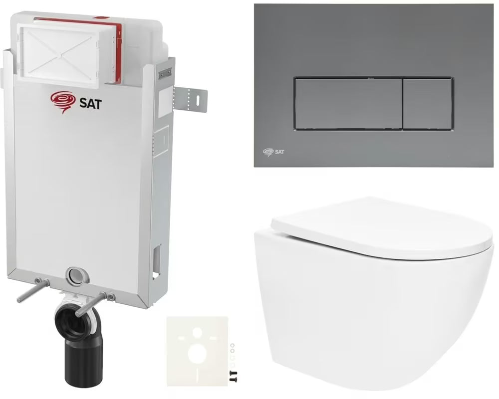 Zestaw WC podtynkowy SAT Fusion z systemem spłukiwania wirowego i przyciskiem spłukującym w kolorze gun metal mat.