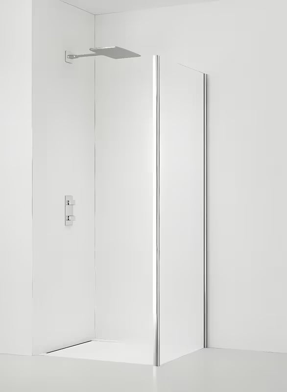 Ścianka boczna do drzwi prysznicowych SAT Tex 90 cm w połyskującym chromie z przezroczystym szkłem i powłoką Easy Clean.