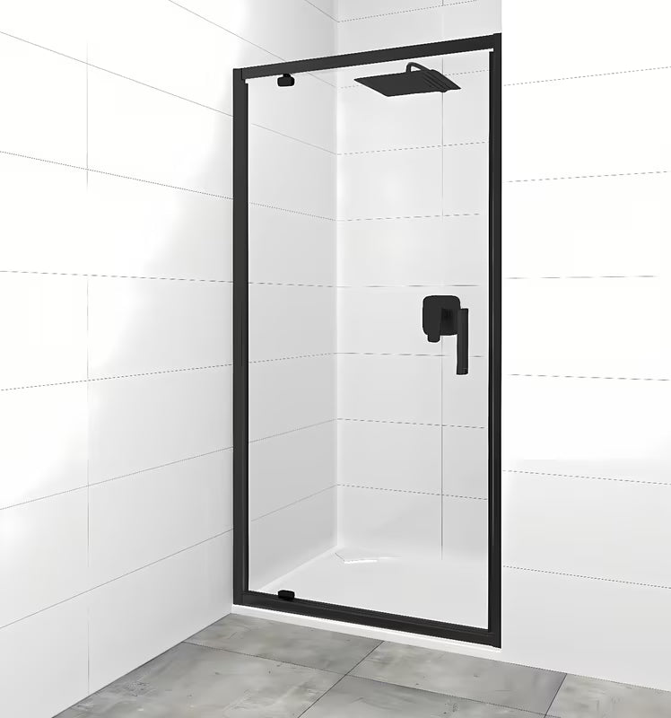 Pivotowe drzwi prysznicowe SAT Tex 90 cm w czarnym wykończeniu z przezroczystym szkłem bezpiecznym.