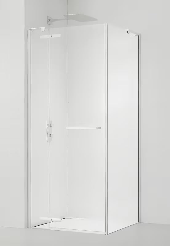Kwadratowa kabina prysznicowa SAT Tgd New 90x90 cm w kolorze biały mat z przezroczystym szkłem i drzwiami na zawiasach.