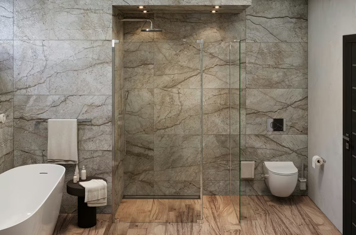 Walk-in parawan prysznicowy SAT Walk-in 140x90 cm z przezroczystym szkłem i profilem w błyszczącym chromie.