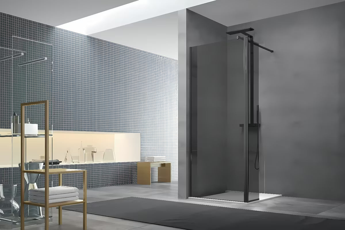 SAT Walk-in ścianka prysznicowa Walk‑in- 90 cm z czarnym profilem i przyciemnianym nieprzezroczystym szkłem