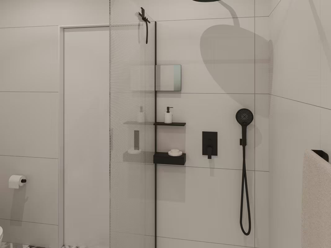 Czarne mocowanie profilowe SAT Walk-in pro akcesoria z profilem bocznym i listwą dolną