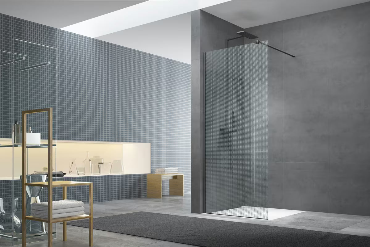 Zestaw SAT Walk-In do ścianki pro Walk-in w wykończeniu PVD gun metal z profilem bocznym i listwą dolną
