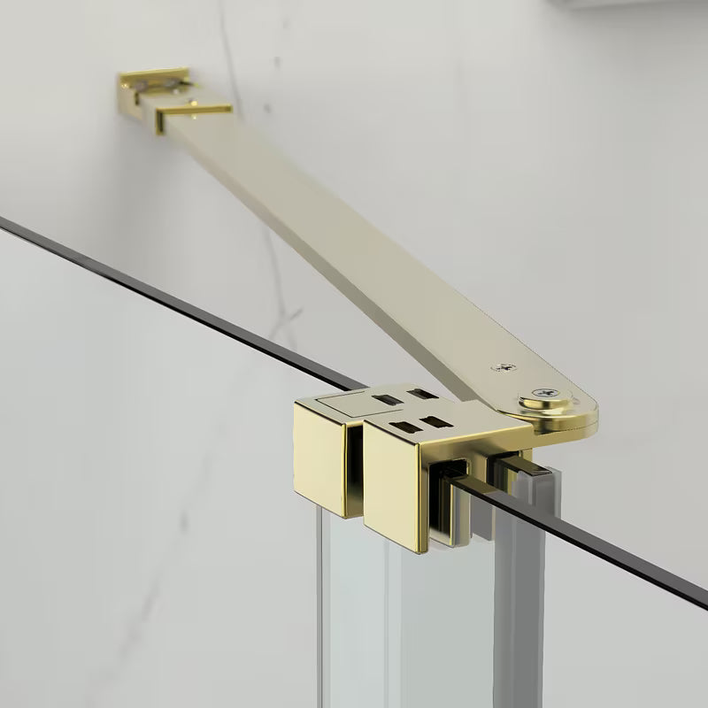 Drzwi prysznicowe SAT Walk-In Xmotion 110 cm w błyszczącym złotym wykończeniu, z przezroczystym szkłem i drzwiami przesuwnymi.