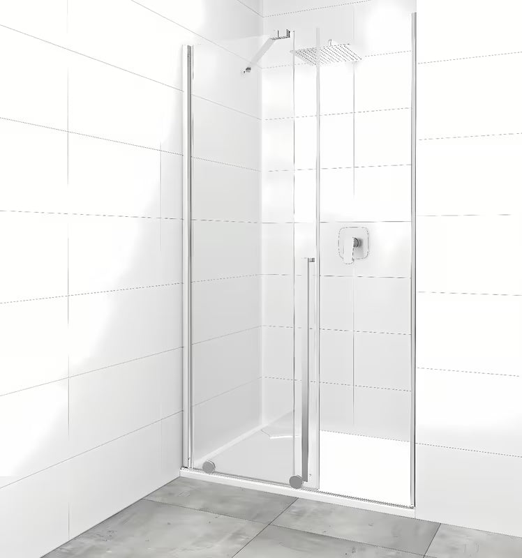 Drzwi prysznicowe SAT Xmotion 120 cm do wnęki w połyskującym chromie z przezroczystym szkłem i drzwiami przesuwnymi.
