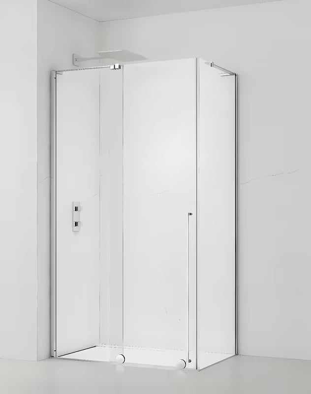 Kabina prysznicowa SAT Walk-In Xmotion 100x80 cm w błyszczącym chromie z przezroczystym szkłem i drzwiami przesuwnymi.