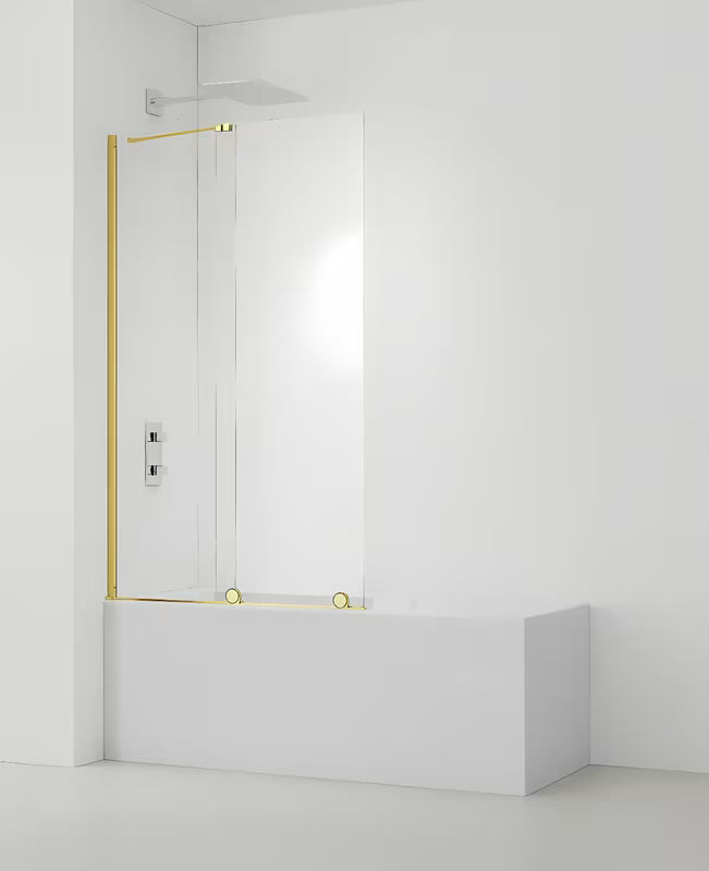 Przesuwna parawan nawannowy SAT Walk-In Xmotion 150x117,5 cm z przezroczystego szkła ze złotym błyszczącym profilem.