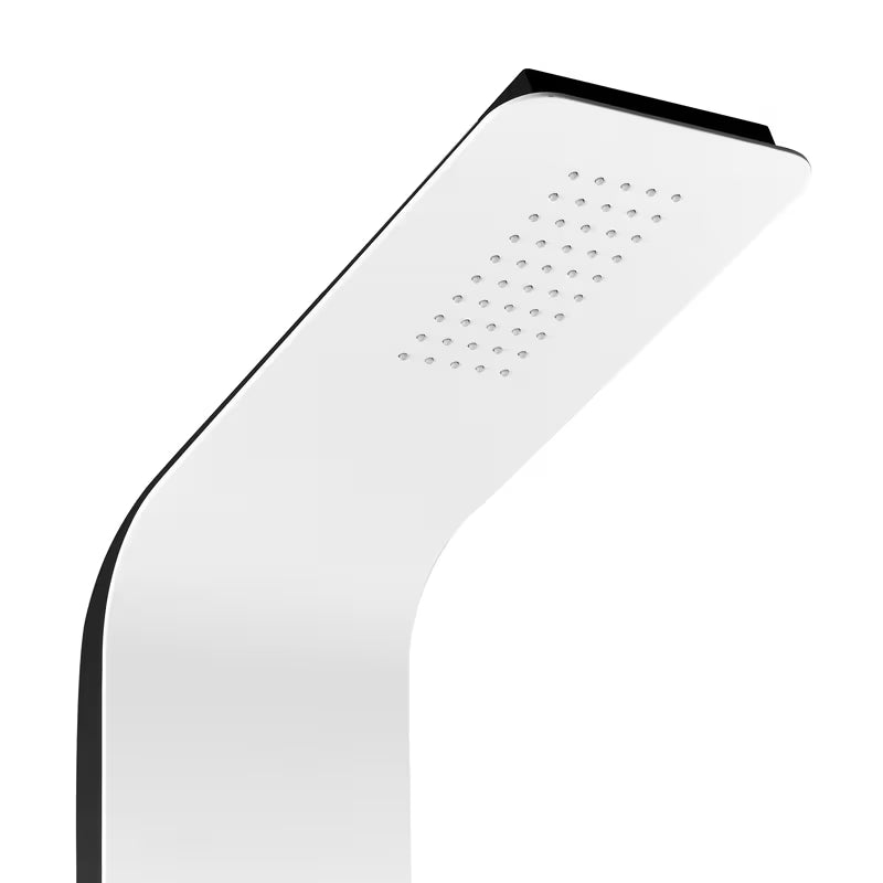 Biały panel prysznicowy SIKO Alushower z 4 funkcjami, w tym deszczownicą i słuchawką prysznicową prysznice, wodospadem oraz dyszami masującymi.