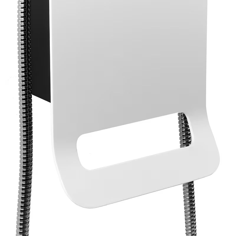 Biały panel prysznicowy SIKO Alushower z 4 funkcjami, w tym deszczownicą i słuchawką prysznicową prysznice, wodospadem oraz dyszami masującymi.